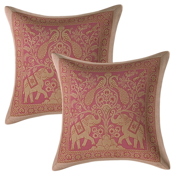 Stylo Culture Ethnic Decorative Throw Pillow Covers 12 x 12 Jacquard Peacock Light Pink Square 30 x 30 cm Home Decor Brocade Elephant Zippered Cushion Covers | Set Of 2