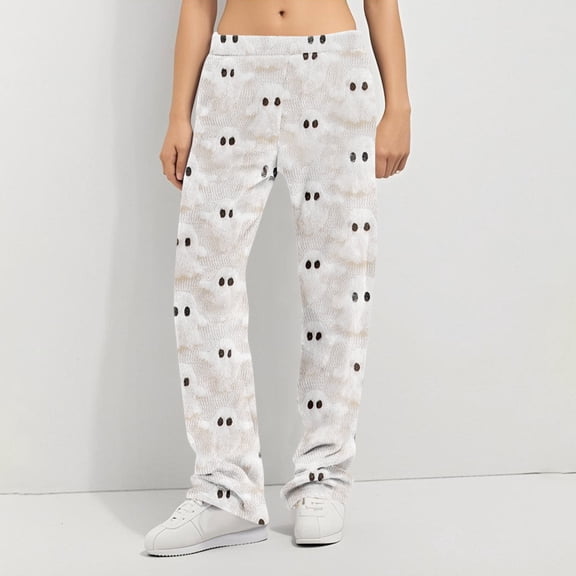 Trgacdwlo Halloween Womens Fleece Pajama Pants Ghost Pumpkin Print Women's Flannel Pajama Pants Fall Winter Warm Women's Sleep Pants
