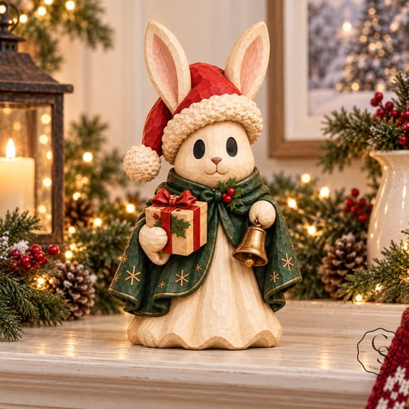 3-Layer Wooden Block Christmas Bunny, Santa Hat Figurine Shelf Accent for Animal Lovers