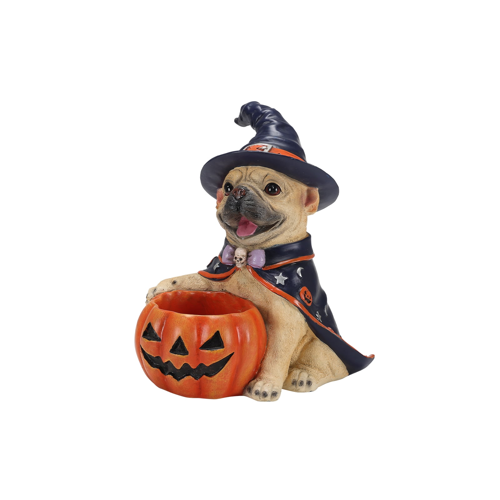 French Bulldog Figurine 12.6 Inch, Halloween Witch Puppy Statue with Pumpkin Candy Bowl, Cute Dog Decor for Tabletop and Holiday Display, Beige and Orange-Red