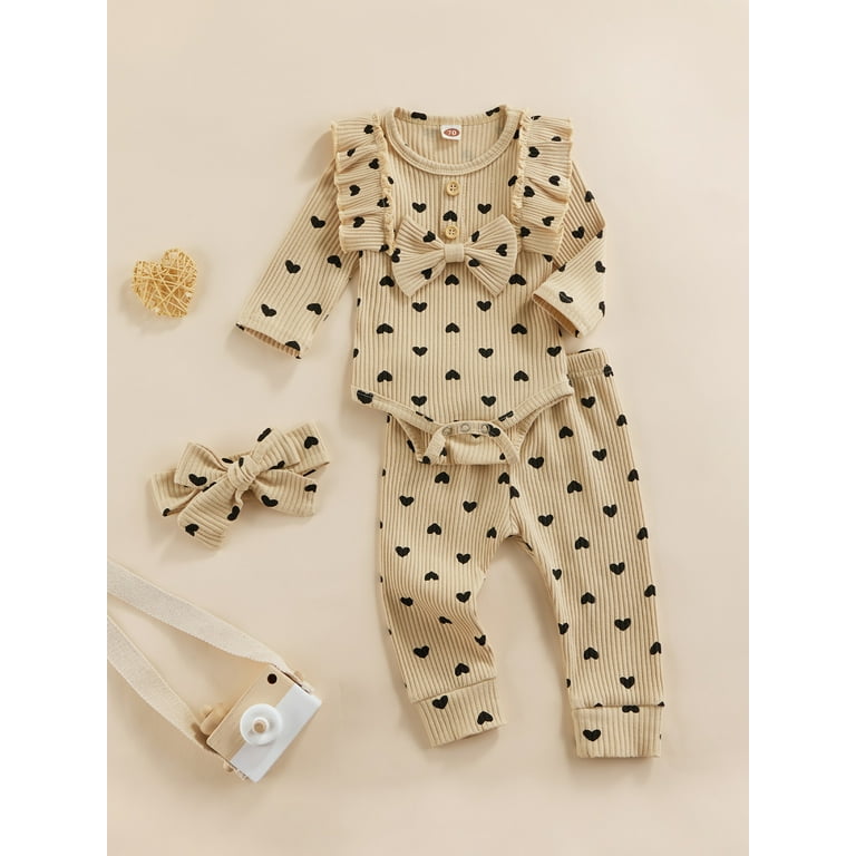 xingqing Infant Baby Girl Sweet Outfit Heart Print Rib Knitted T