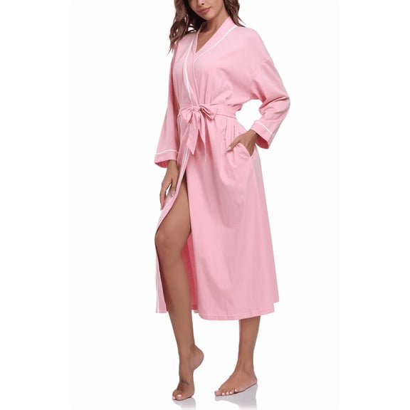 MAYFISH Women's 100% Cotton Robes Lightweight Kimono Long Soft Bathrobe for Women with Pockets(Pink,XL)
