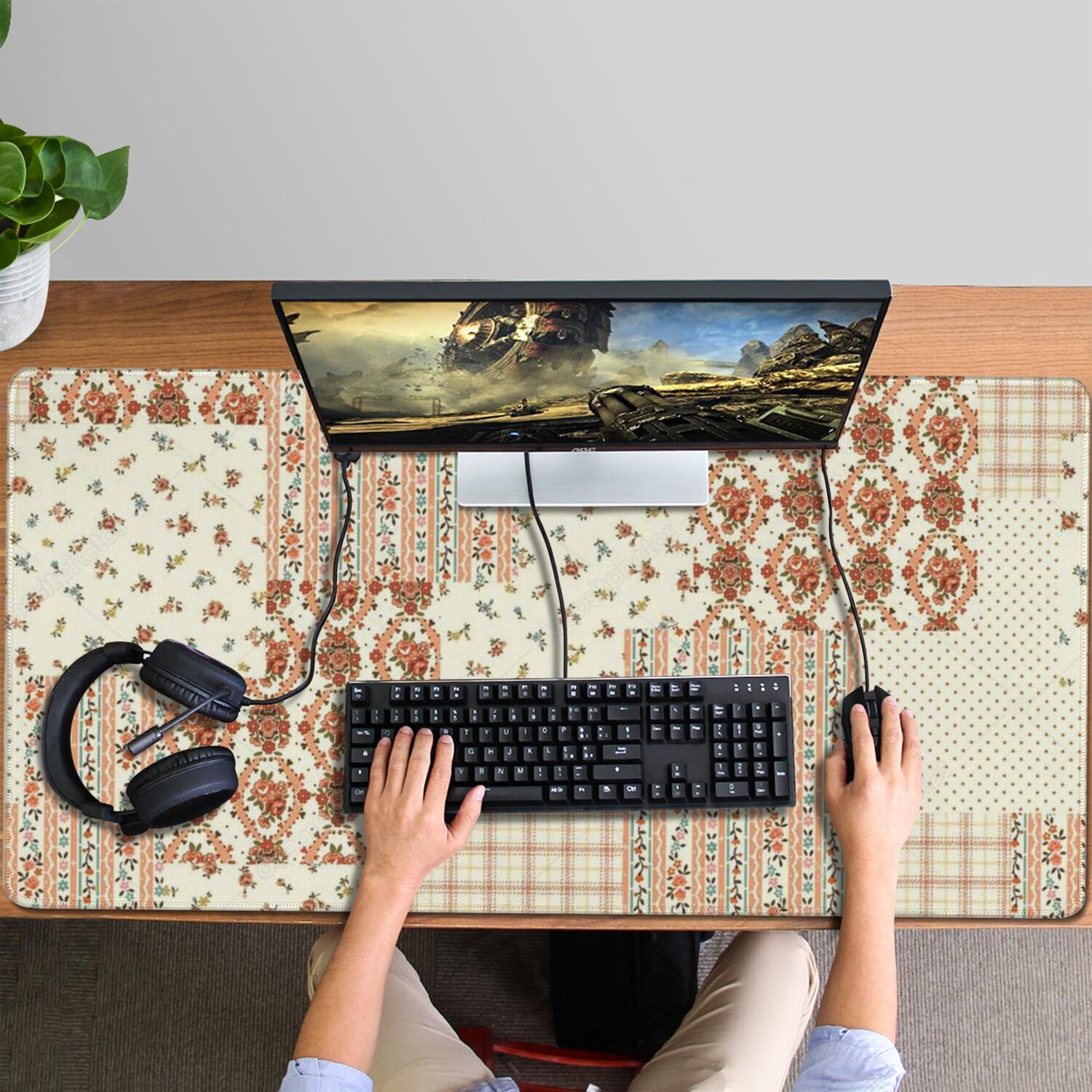 Long Mouse Pads for Desk,Pioneer Flower Floral Print Pattern Desk Mats on Top Of Desks, Desk Mouse Pad Extra Large with 3mm Non-Slip Base and Stitched Edge for Gaming,Office,Work,Home 47.3"x23.6"