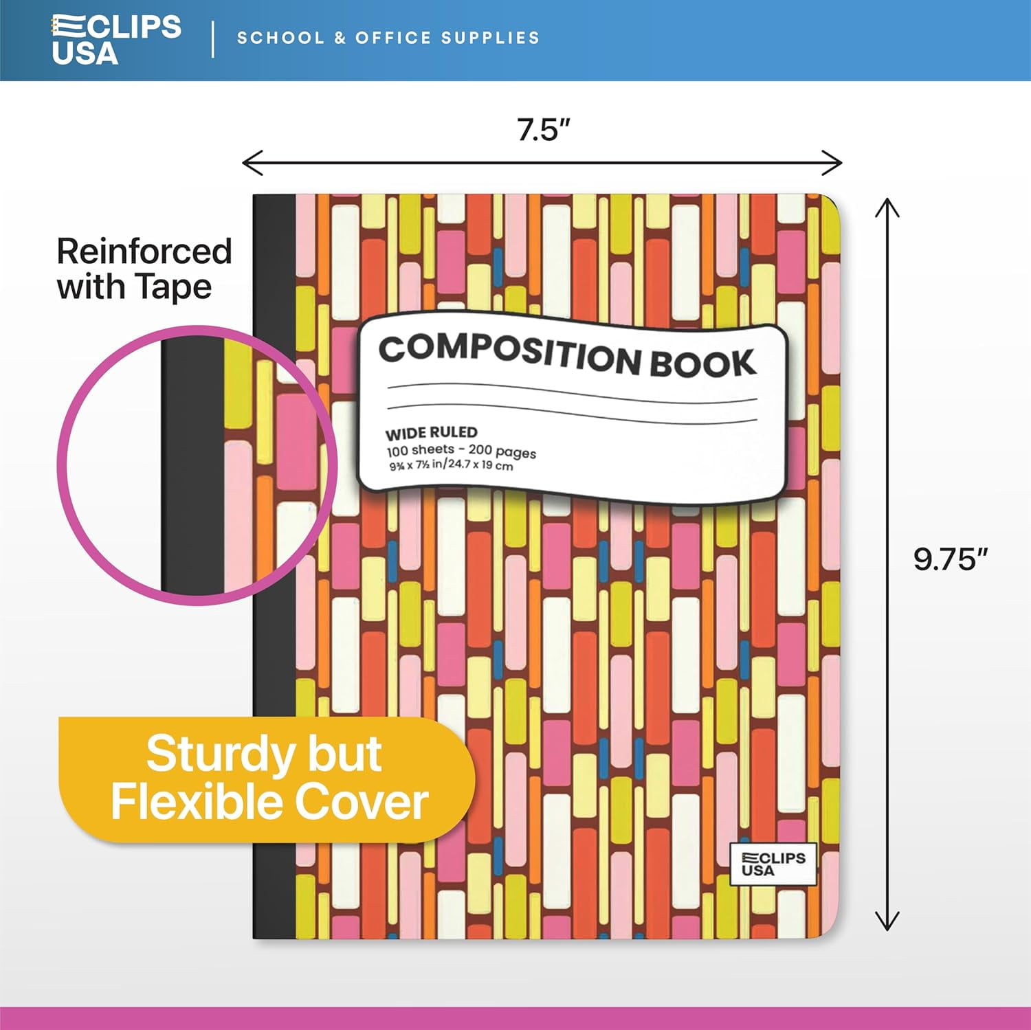 E-CLIPS USA Hard Cover Wide-Ruled Writing Paper Composition Notebooks with Geometric Design, 24-Pack