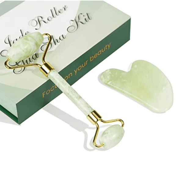 Tea Green | Gift Box | 100% Natural Quartz Roller and Gua Sha Set Face Roller for Face Facial Massage Skin Care Tools