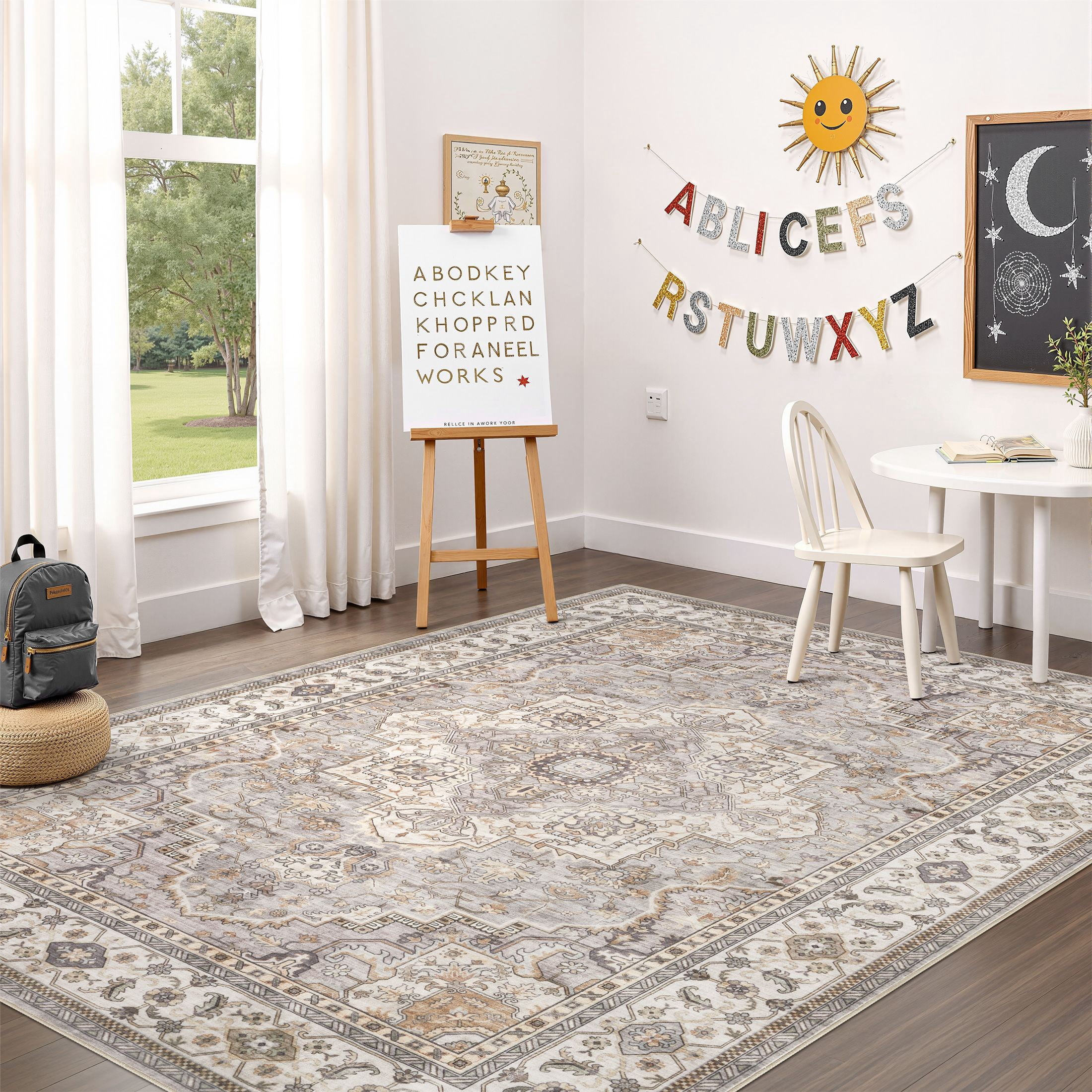UERMEI 10'x14' Washable Area Rugs for Living Room, Vintage Floral Boho Printed Carpet, Non Slip Indoor Large Rugs for Bedroom Home Decor Carpets, Beige Gray
