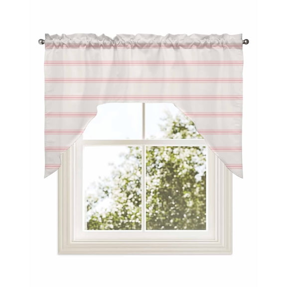 Pink Striped Kitchen Curtains Swag Valance for Windows/Bathroom/Cafe, Rustic Pink Stripe Modern Art Beige Rod Pocket Drape Panel Swag Curtains Valance for Bedroom/Living Room 56"x36"