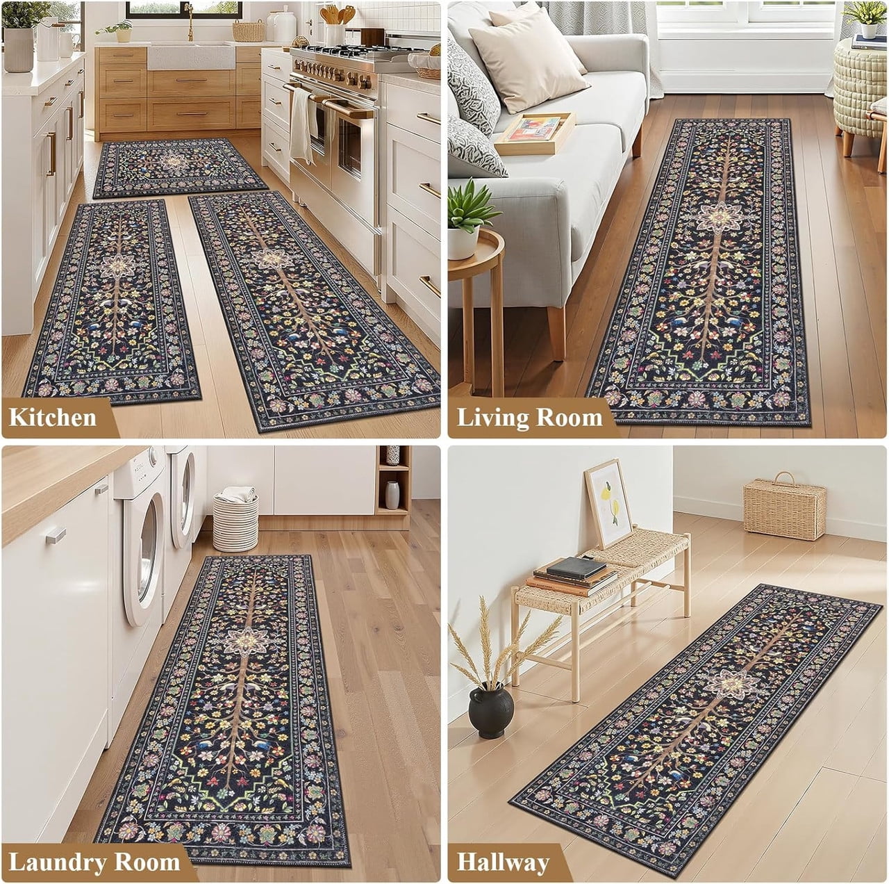 Findosom 3pcs Washable Kitchen Rug Set,Non-Slip Floral Boho Kitchen Mats Kitchen Runner Rug Floor Carpet for Hardwood Floor,Sink,Entryway,Bathroom,Home Decor,20"x32"+20"x48"+20"x59"