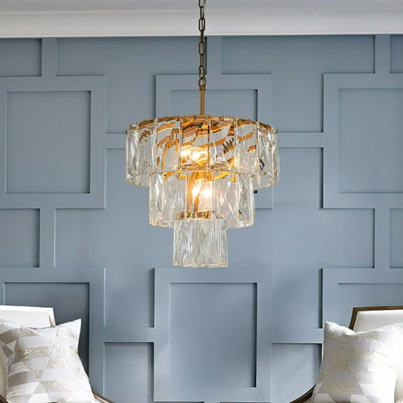 18'' 4-Light Mid-Century Modern Glam Antique Gold Crystal Tiered Chandelier Luxury Ceiling Hanging light For Dining Room Living Room