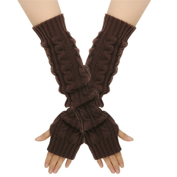 Brown Gloves Mittens for Women Men Wool Thickened Warm Long Gloves 8 Character Sleeves Autumn and Winter Fingerless Sleeves Knitted Arm Sleeves