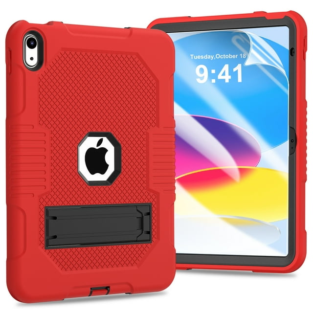 TECH CIRCLE Case for iPad 10th Generation 10.9 inch 2022, Heavy Duty Shockproof Rugged Full Body Protective Cover with Soft HD Screen Protector Kickstand for Apple iPad 10th Gen 10.9 Inch, Red
