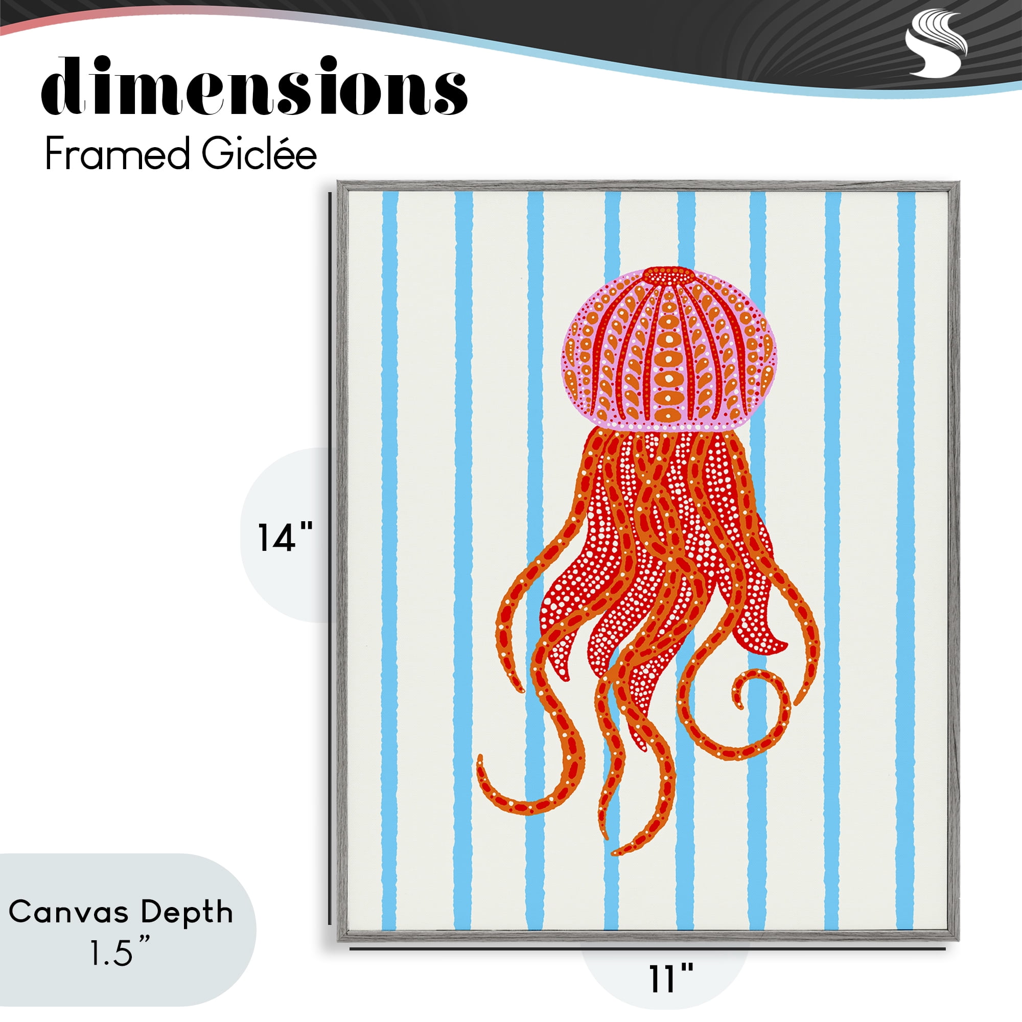 Stupell Industries Bright Aquatic Jellyfish on Stripes Gray Framed Giclee Art, design by Indira Prieto | IndySign
