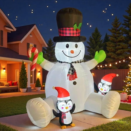 7 FT Inflatable Christma Decorations, Inflatable Snowman with Penguins, Christmas Blow Ups Yard Decorations with Colorful LED Lights, Christmas Inflatables for Garden Lawn Xmas Holiday