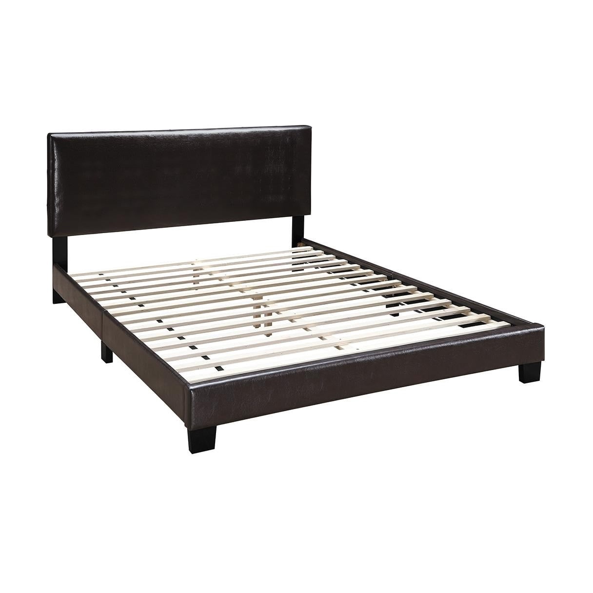 Bed Frame Modern Brown 1pc Queen Size Bed Faux Leather Upholstered Bedframe Bedroom Furniture Adjustable Headboard