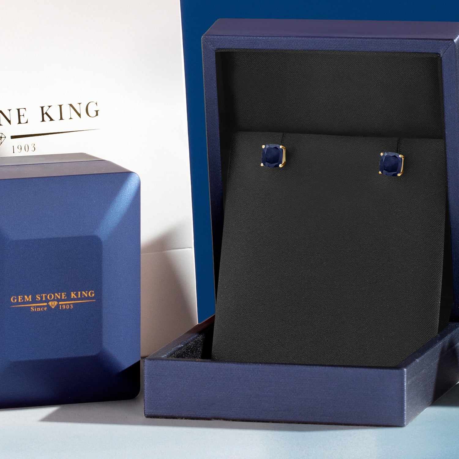 Gem Stone King 2.60 Cttw 14K Yellow Gold Cushion 6MM Blue Sapphire Double Notch Stud Earrings | Gemstone September Birthstone | Gold Earrings for Women Men