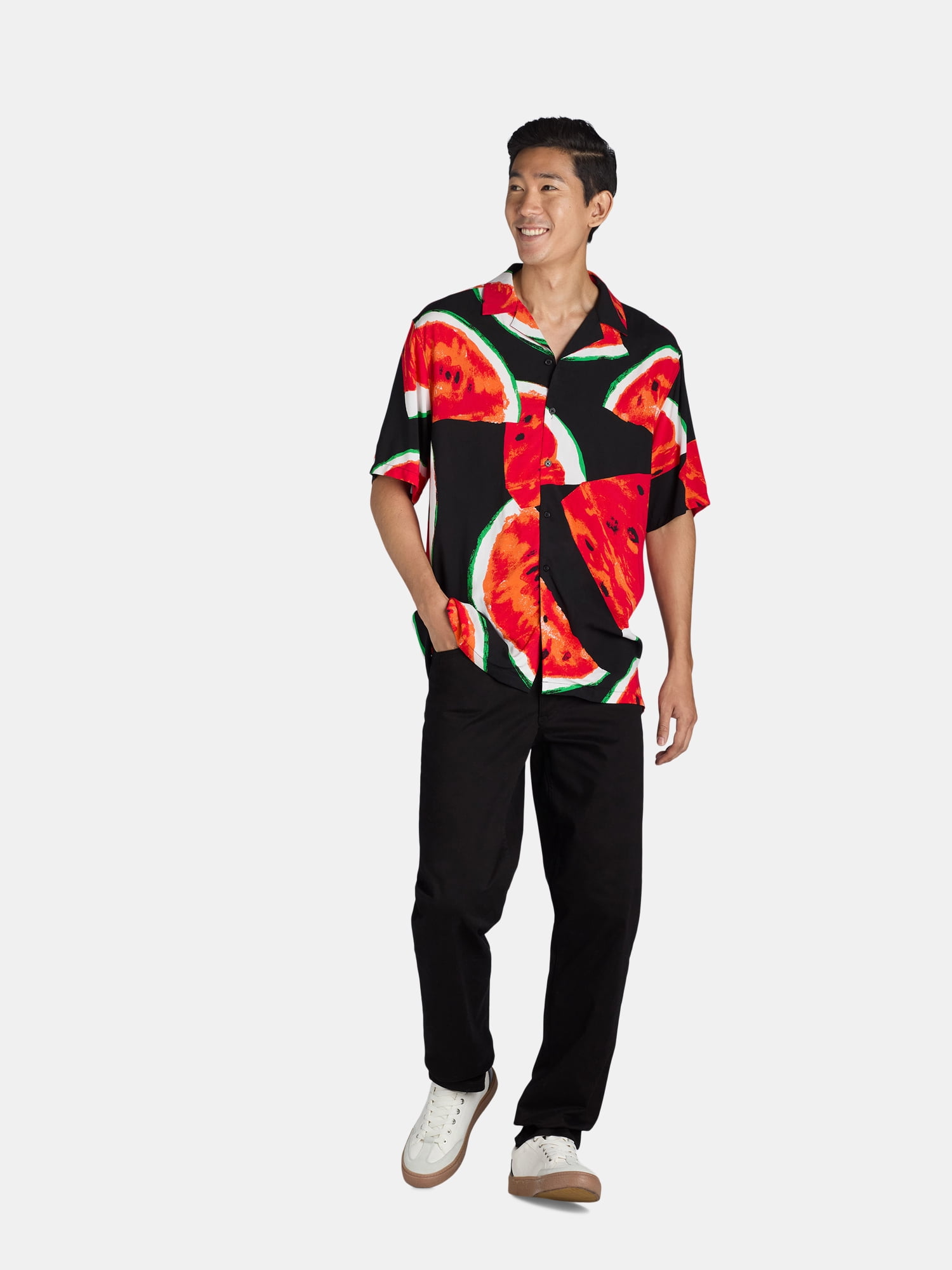 No Boundaries Men's Print Button Up Shirt with Short Sleeves, Sizes XS-3XL