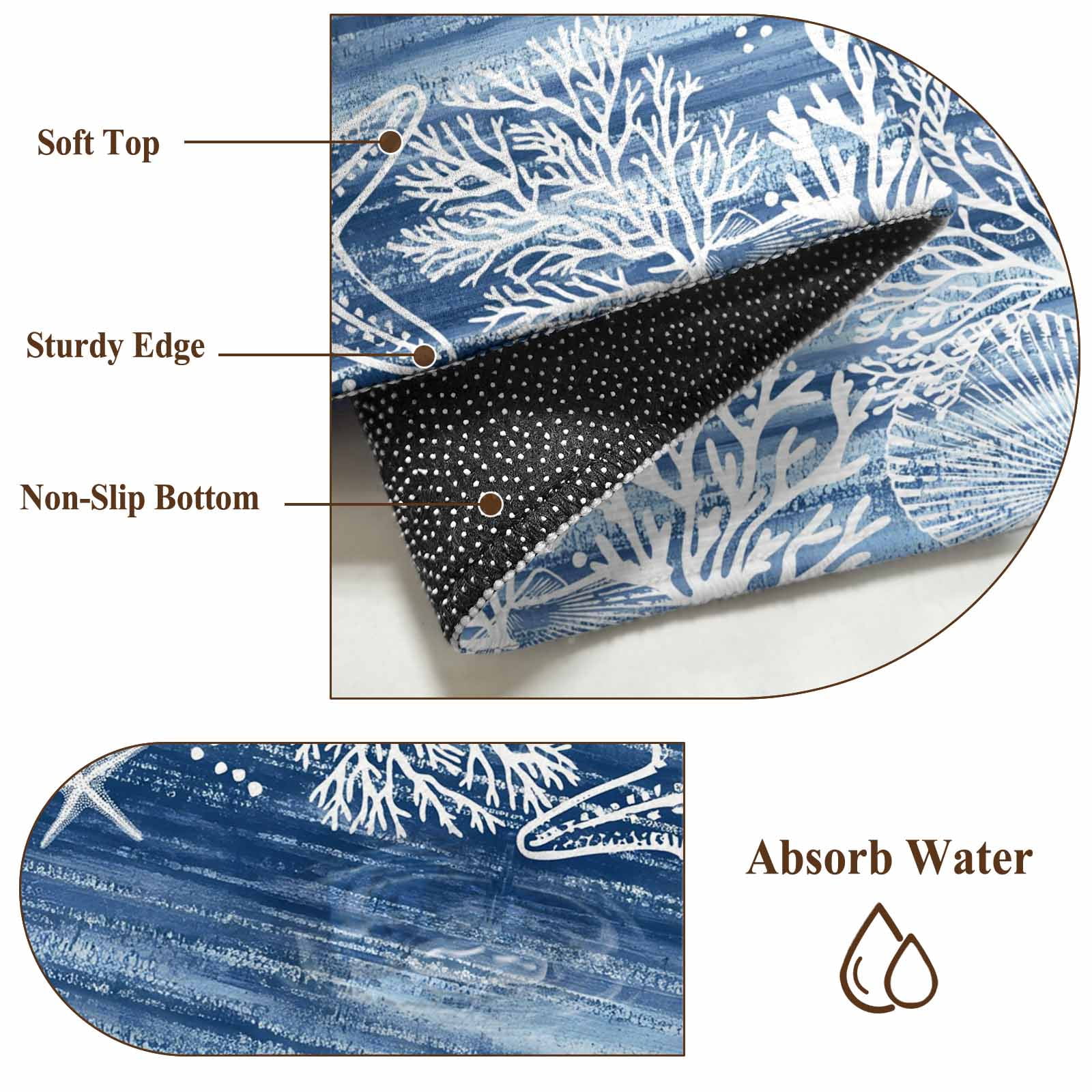 Blue Coastal Area Rugs 5'x8', Washable Small Throw Rugs for Classroom Bedroom, Summer Ocean Sea Waves Starfish Corals Indoor Outdoor Rug Non-Slip Low Pile Carpet Runner Reversible Floor Mats