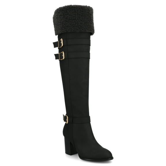 Journee Womens Alyza Buckle Detail Over-the-Knee Inside Zipper Almond Toe Comfort Sherpa Boots
