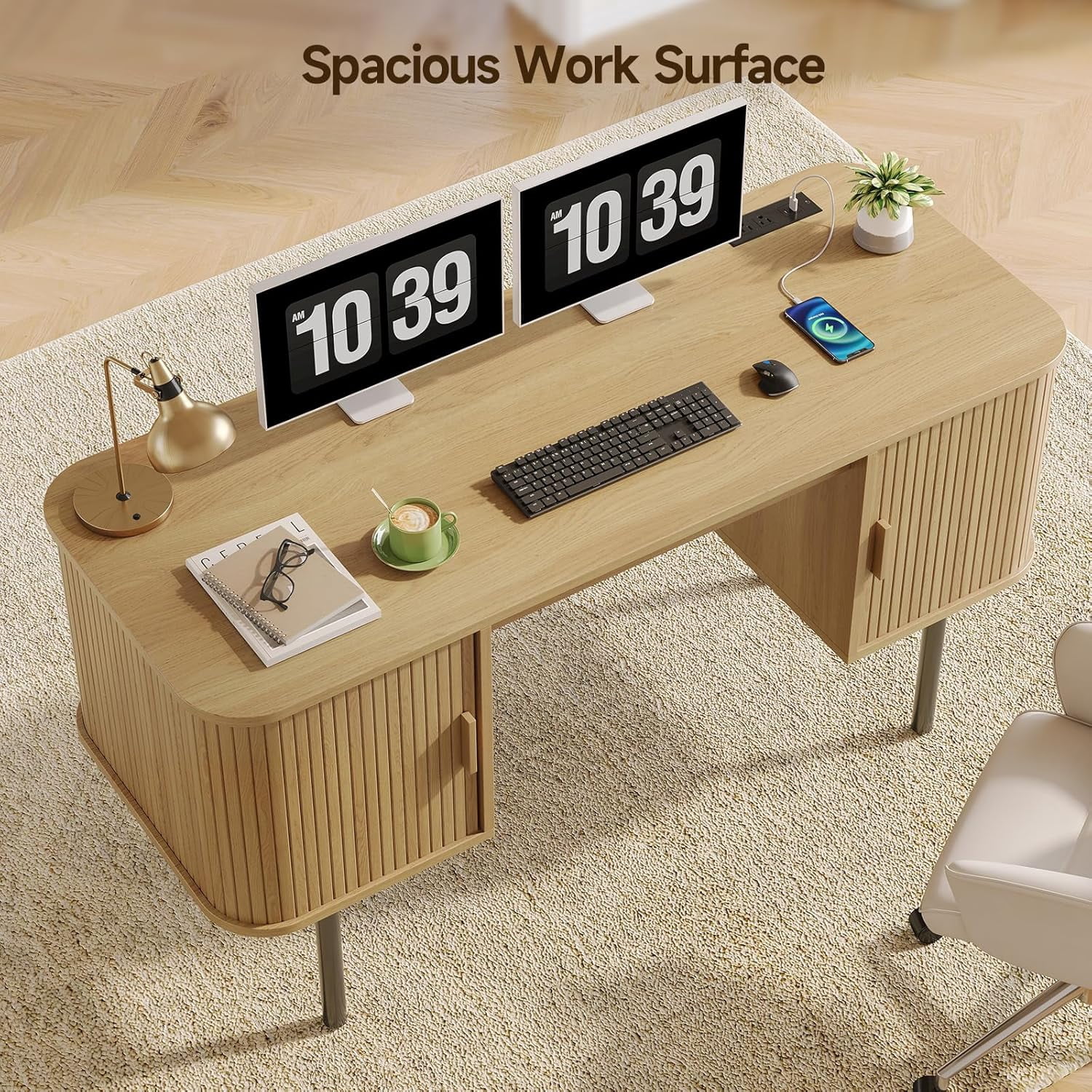 55-Inch Oak Fluted Computer Desk with Charging Station and 2 Storage Cabinets, Mid-Century Executive Desk for Home Office