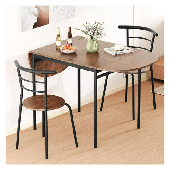 3 Piece Dining Set with 2 Chairs, Kitchen Table Set for Small Space, Drop Leaf Table, Brown & Black, Metal & MDF