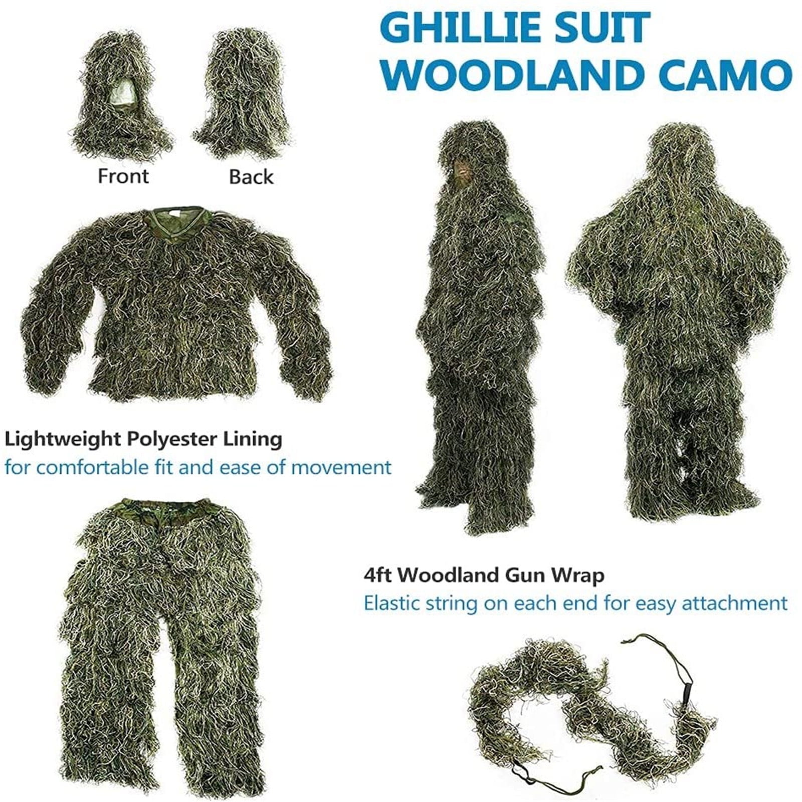 Litrail 5-in-1 Ghillie Suit 3D Camouflage Hunting Apparel with Jacket, Pants, Hood & Carry Bag - Lightweight Polyester Spandex for Hunting, Paintball & Photography