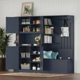 thumbnail image 3 of L-Shaped Hall Tree with Storage and 4 Hooks, Multifunctional 2-in-1 Mudroom Storage Organizer with Bench, Center Storage Open Cabinets for Living Room, Kitchen and Hallway, Antique Blue, 3 of 9