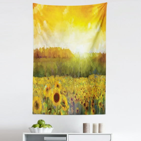 Oranger Tapestry, Landscape a Golden Yellow Field and Distant Hill Sunset Colors Agriculture, Fabric Wall Hanging Decor for Bedroom Living Room Dorm, 5 Sizes, Orange Yellow, by Ambesonne