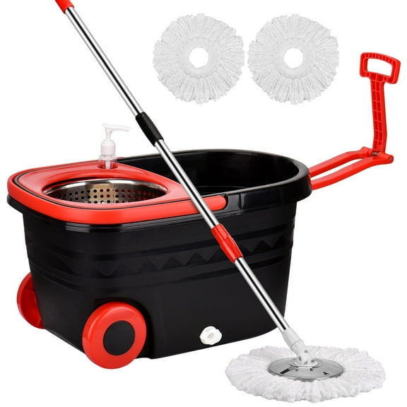 Cozyswan Easy Wring, Stainless Steel Basket with Wheels with Extra Refills Spin Mop, Black and Red