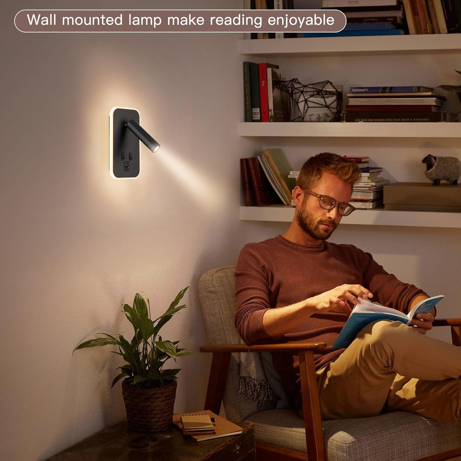 Wall Mounted Bedside Reading Light with 10W+3W Adjustable Headboard Lamp, USB-C+A Ports, Hardwired Plug-in Wall Sconce, 3000K Warm White, Black Finish