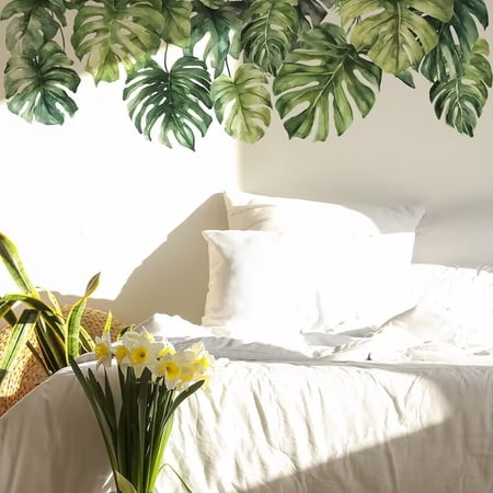 Monstera Leaf Tropical Plants Wall Stickers for Living Room, Palm Leaf Wall Posters Natural Green Plants Art Murals Vinyl Wallpaper for Bedroom, Nursery, Office