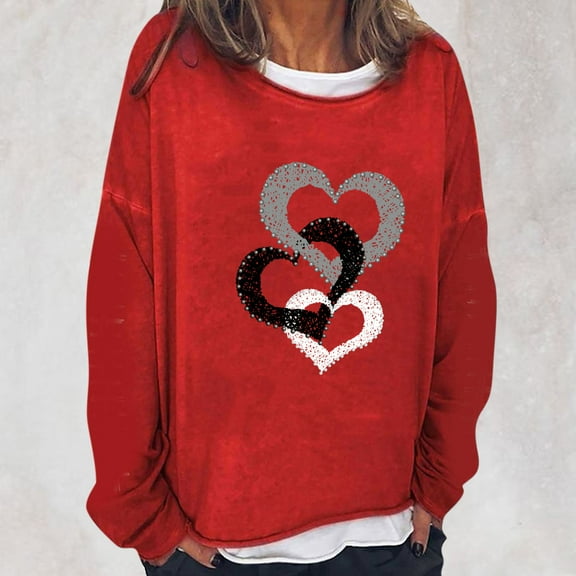 Tawop Sweatshirts for Women Tops Womens Sweatshirts Crew Neck Long Sleeve Graphic Solid Heart Thin Red M