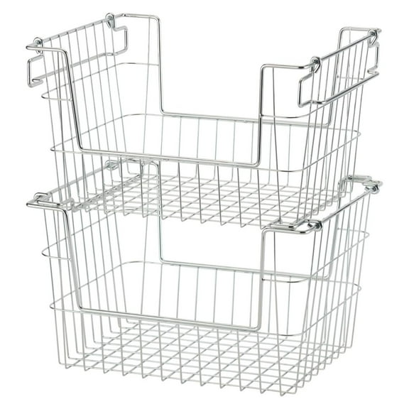 2-Pack Stackable Metal Wire Storage Baskets With Handles, EcoStorage Chrome, 14 Inches