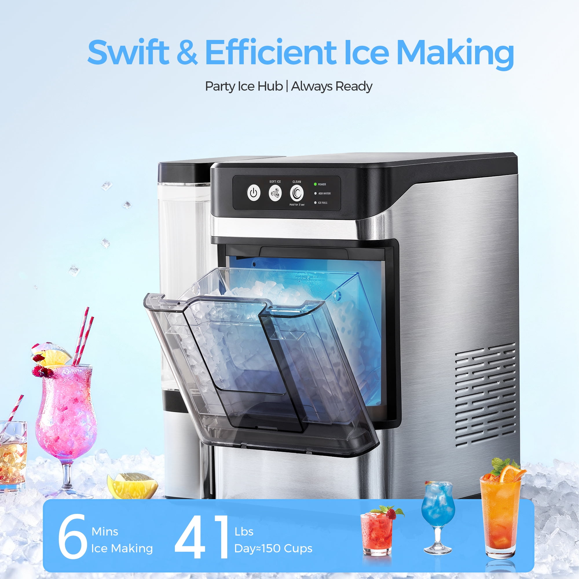 Nugget Ice Maker Countertop with Removable Tank, 41Lbs Per Day, One-Touch Fast Ice in 6 Mins, Self-Cleaning & Ultra Quiet for Home, Office, Party