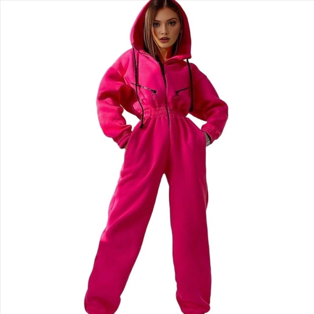Conjunto de Mono de para Mujer, Sudadera con Capucha y Cintura Alta Rosa Roja XL