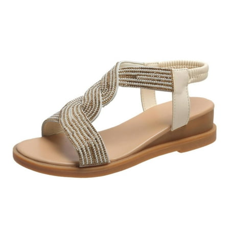 ZPYESWOW Womens Sneakers Shoes Women Sandals Comfort with Elastic Ankle Strap Casual Bohemian Beach Shoes Slip on Rhinestone Sandals Women Open Toe Beige 7.5