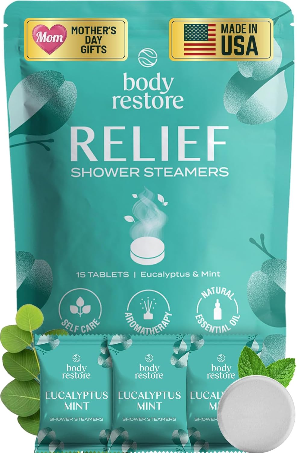 Body Restore Relief Shower Steamers Aromatherapy 15 Count β Eucalyptus Mint, Long Lasting, Individually Wrapped, Spa Stress Relief Self Care Gift for Women and Men