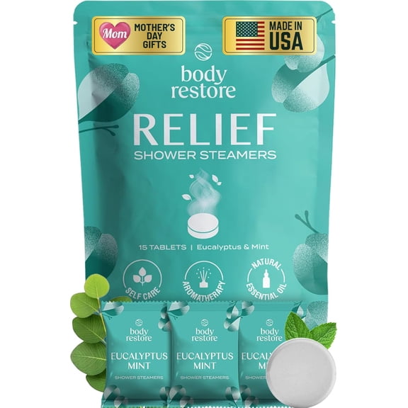 Body Restore Relief Shower Steamers Aromatherapy 15 Count – Eucalyptus Mint, Long Lasting, Individually Wrapped, Spa Stress Relief Self Care Gift for Women and Men