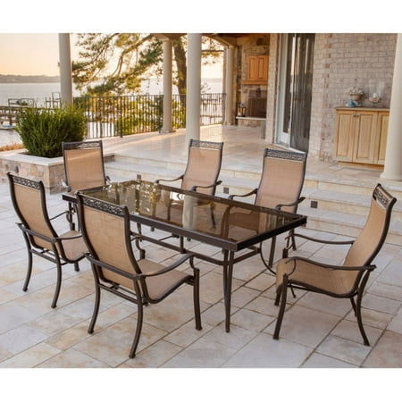 Hanover Outdoor Monaco 7-Piece Sling Dining Set with 42" x 84" Glass-Top Table, 4 Stationary Chairs and 2 Swivel Rockers, Cedar