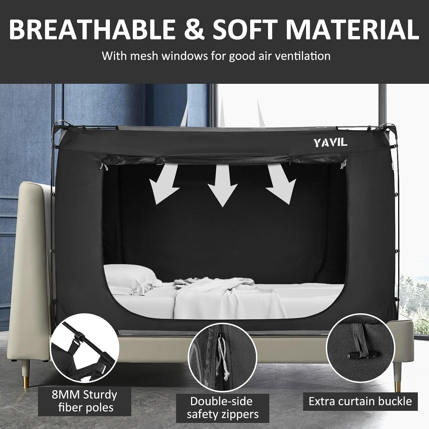 YAVIL Bunk Twin Size Bed Tent Canopy, 93% Blackout Breathable Privacy Portable Dream Tent with 3 Doors for Kids Adults Indoor Use(Mattress Not Includ