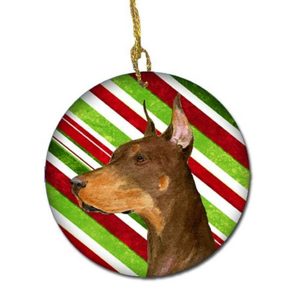 Doberman Candy Cane Holiday Christmas Ceramic Ornament