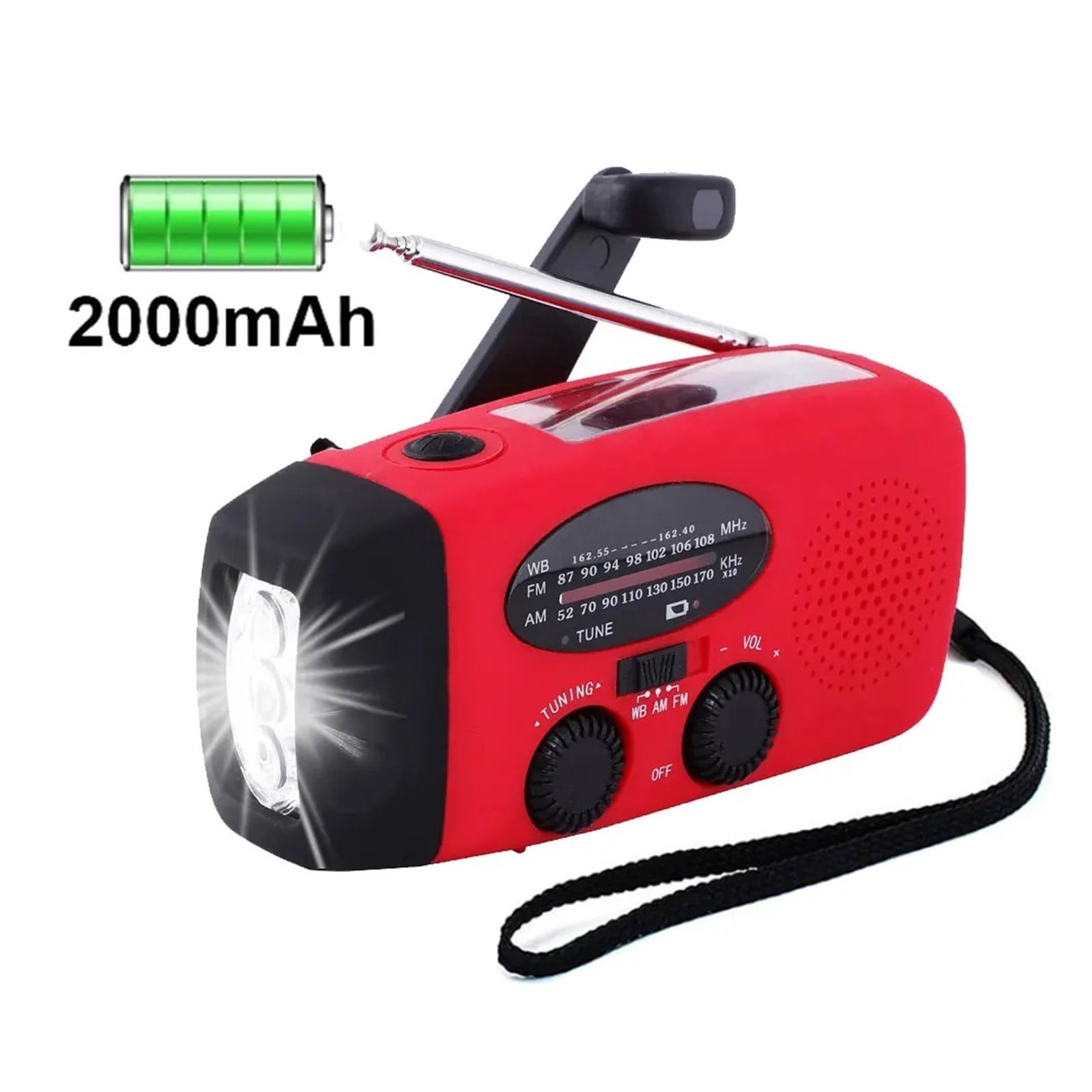 2000mAh Multifunctional Portable Solar Hand Crank Radio FM AM WB Weather Radio USB Charging Emergency Flashlight Power Bank