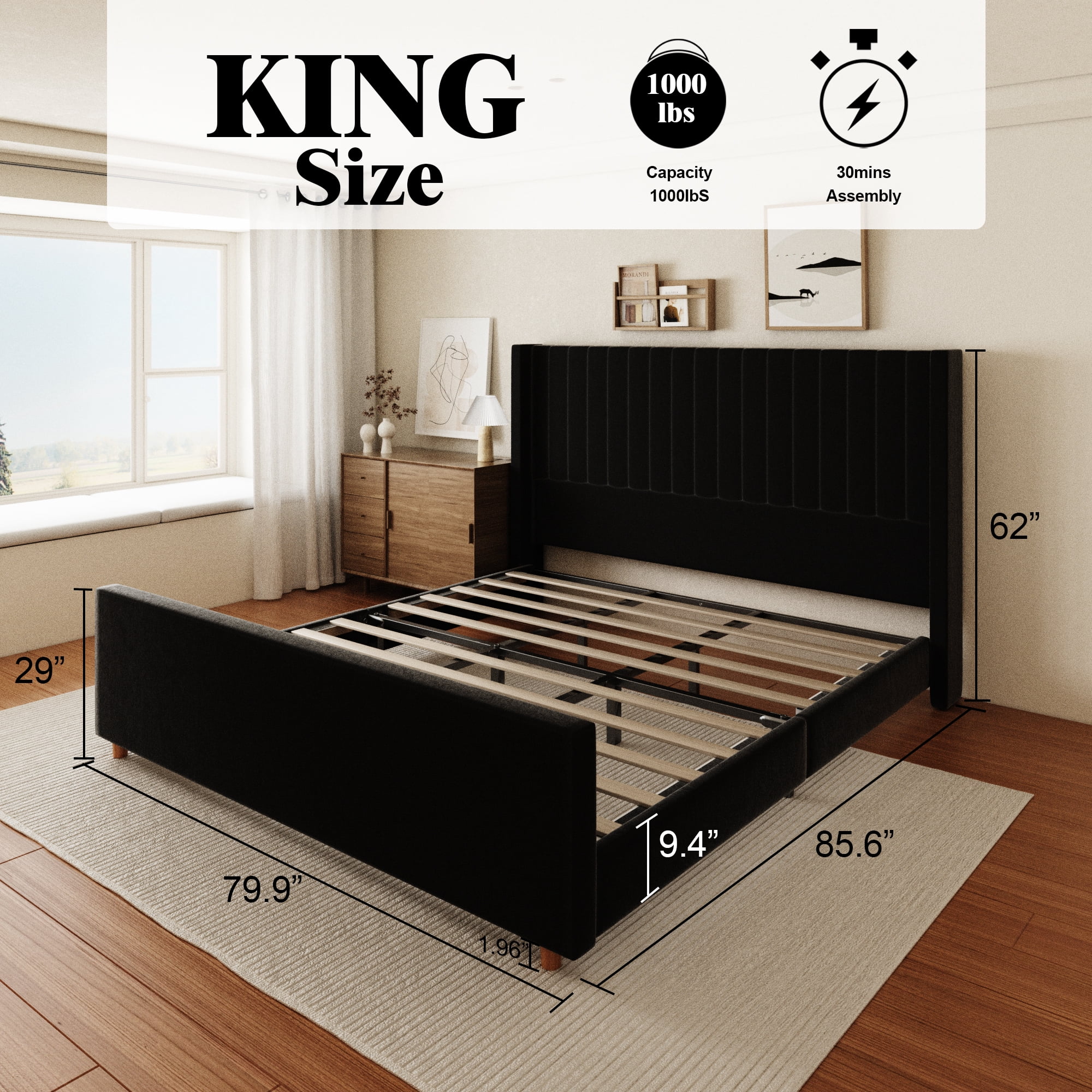King Size Bed Frame, Upholstered Platform Bed with 62" Tall Headboard & Footboard, Soft Velvet Fabricbed Bed, Easy Assembly, Black