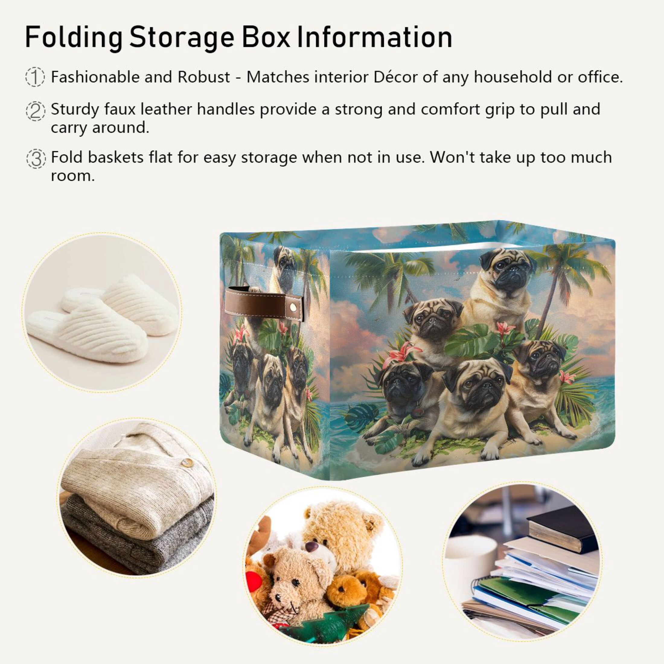 Ryvnso Pug Dog on Island Storage Basket Large Bin Foldable Boxes Toys Organizer 14.2x10.2x8.3in 2 PCs