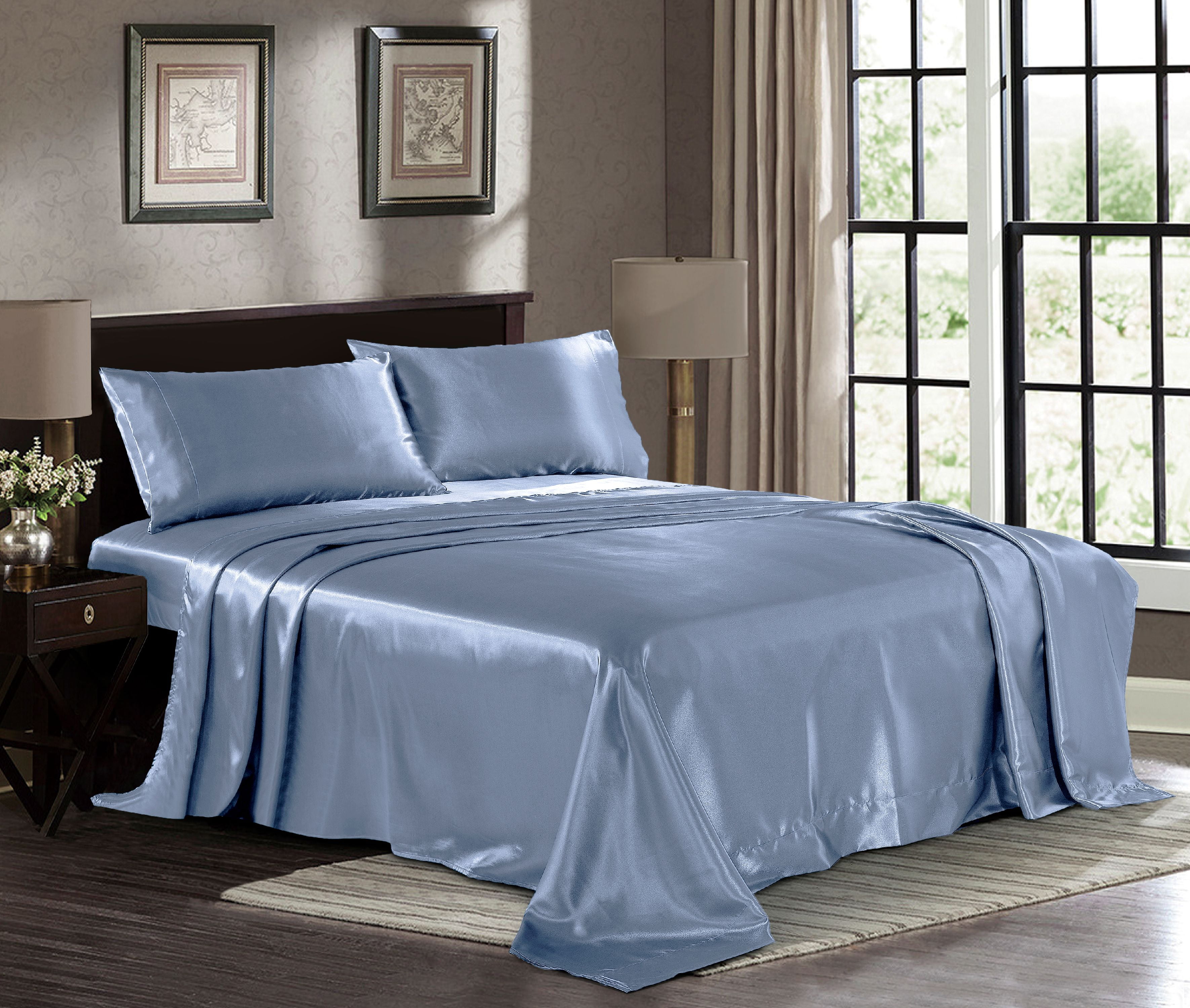 Ultra Soft Silky Satin Bed Sheet Set With Pillowcase , Fresh Linen, Sky ...