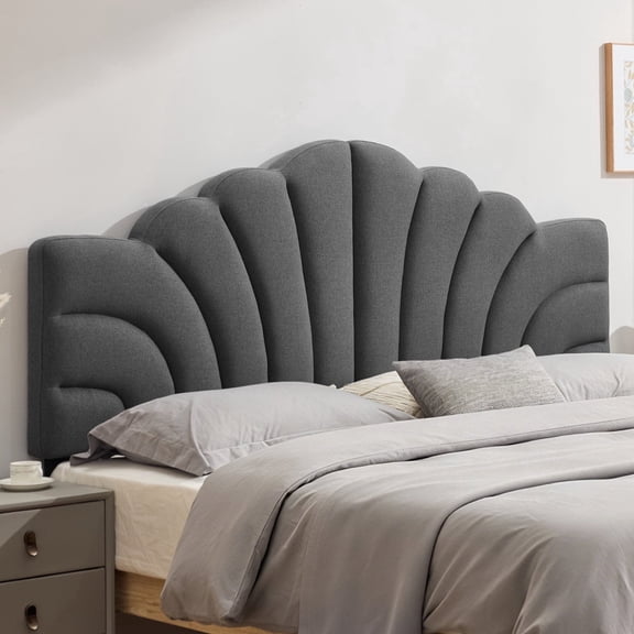 BRILHAMEZ Modern Scalloped Upholstered Full/Queen Headboard, Height & Width Adjustable Linen Fabric Petal Bed Backrest Panel for Bedroom, Dark Gray