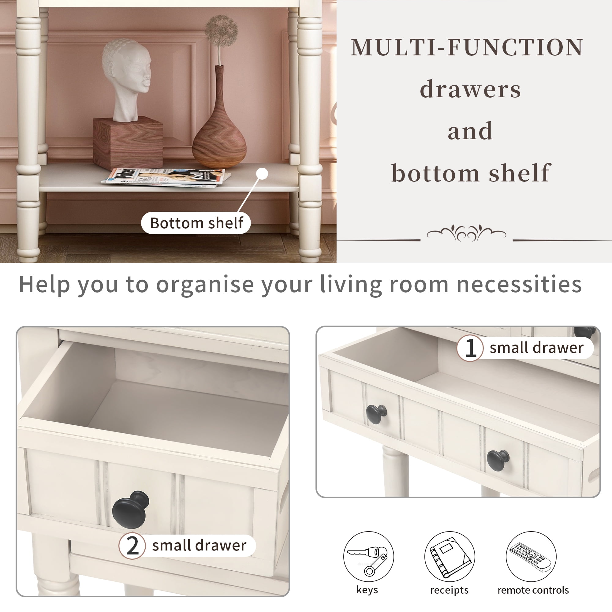 EUROCO 23" Narrow Console Table Sofa Table, Wood Table with 3 Storage Drawers and Bottom Shelf for Living Room, Easy Assembly, Ivory