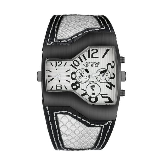 HES Men Quartz Watch Waterproof Big Dial Multiple Time Zone Digital Display Dual Movement Precise Timing Faux Leather Strap Male Outdoor Sports Quartz Wristwatch for Daily Life