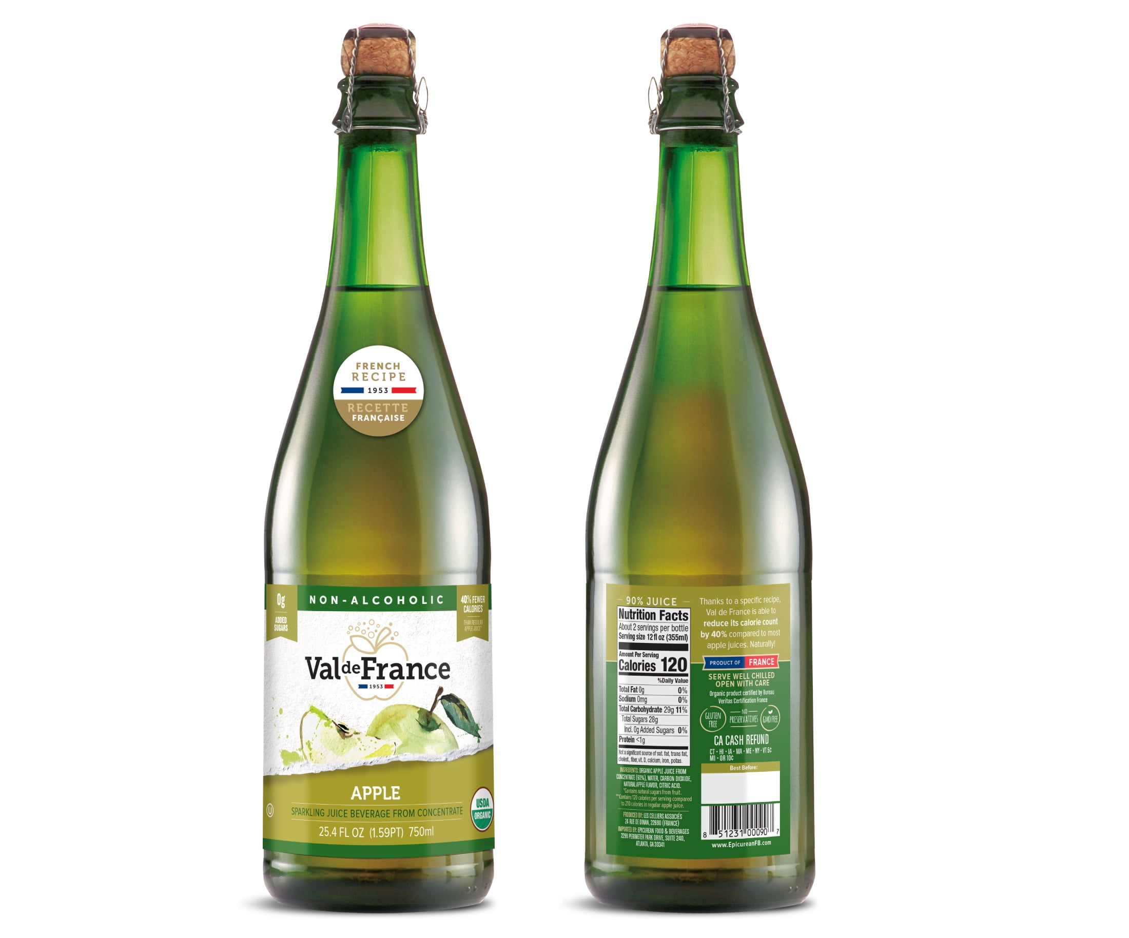 Val de France, Non-Alcoholic, Reduced Calorie, Organic and OU Kosher Sparkling Juice (Apple), 25.4 Fl Oz (Pack of 12)