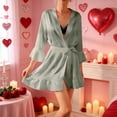 thumbnail image 2 of Arlun Bridal Robes for Women Silk Short 3/4 Sleeve Belted Satin V-Neck Lightweight Comfy Loungewear Loose Ruffle Hem Sleepwear Bridal Party Ladies Valentine's Day Robe Green S, 2 of 4