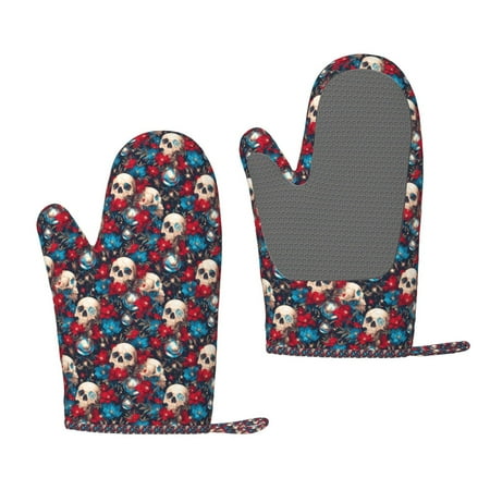 

Hirioo Skull red flower blue for Silicone Oven Mitts for BBQ Baking Cooking Set of 2 Heat Resistant 260℃ Non-Slip Kitchen Essentials
